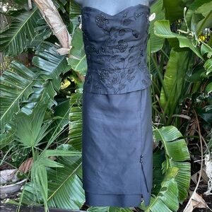 Mon Cherie strapless black beaded bouquet dress with peplum